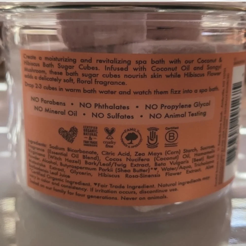 Fair Trade Shea moisture coconut and hibiscus bath cube sugar, songi mush